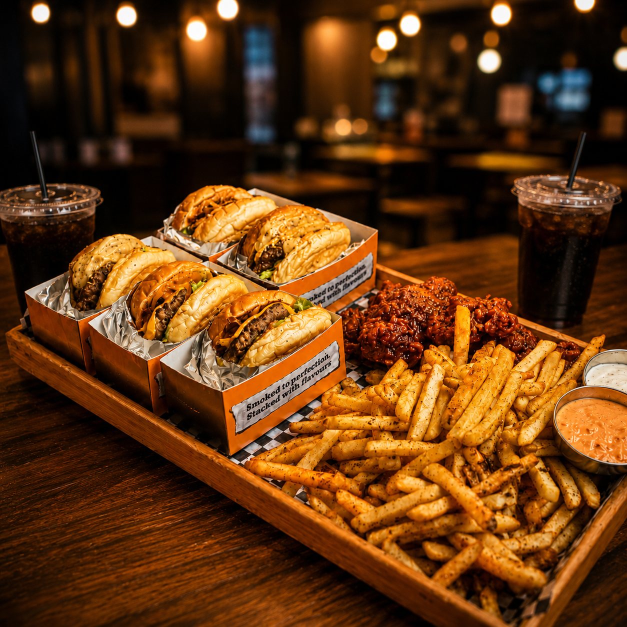 Family Set Smoky Stacks — 5 burger, BBQ chicken, cajun fries dan minuman atas dulang kayu